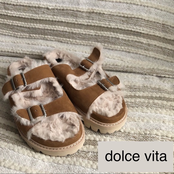 Dolce Vita Shoes - NWOT Dolce Vita | Saddle Tan Leather Suede Sandals & Super Soft Faux Fur Lining